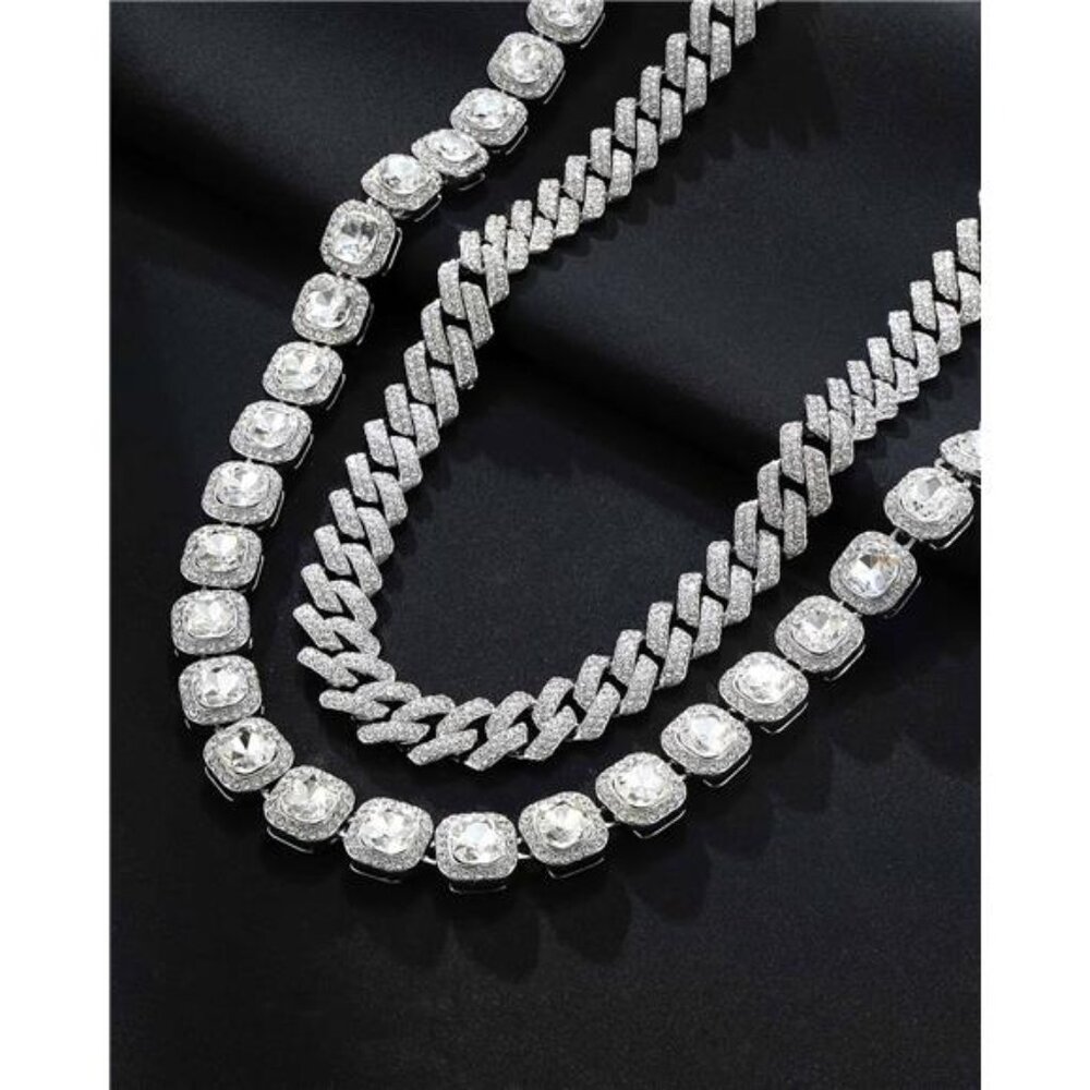 Layered Silver Diamond Cuban & Tennis Chain Set | Iced Out Hip Hop Necklace